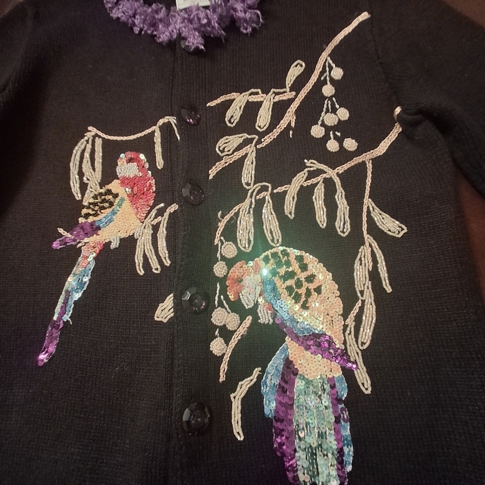Storybook Knit Black Embellished Cardigan Sweater "Parrot Fancy"  Women Size XS - Picture 9 of 14